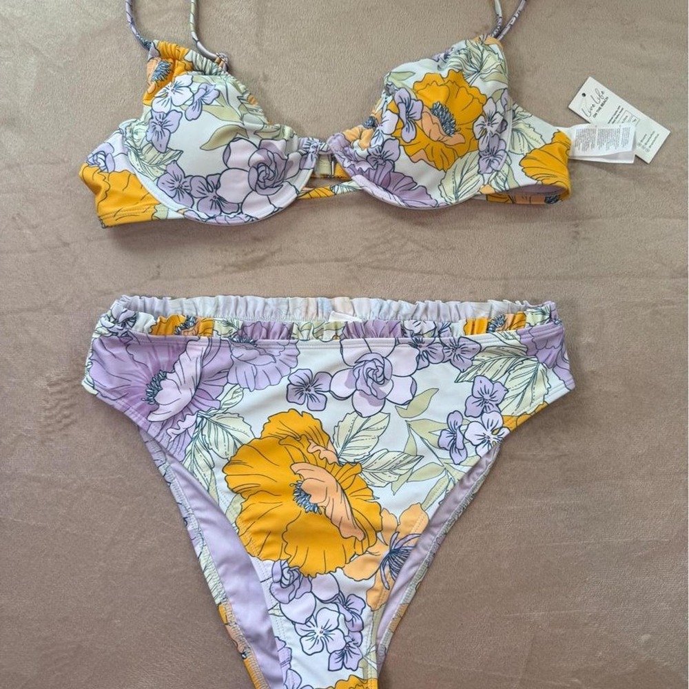 Cupshe yellow and purple floral bikini set in size L